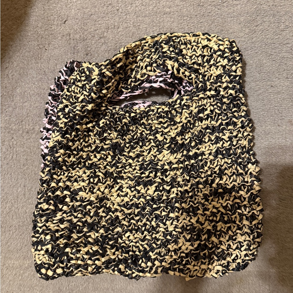 Multicolor Knit Tote Bag Black Pink Yellow Boho Crochet Style - Picture 2 of 5